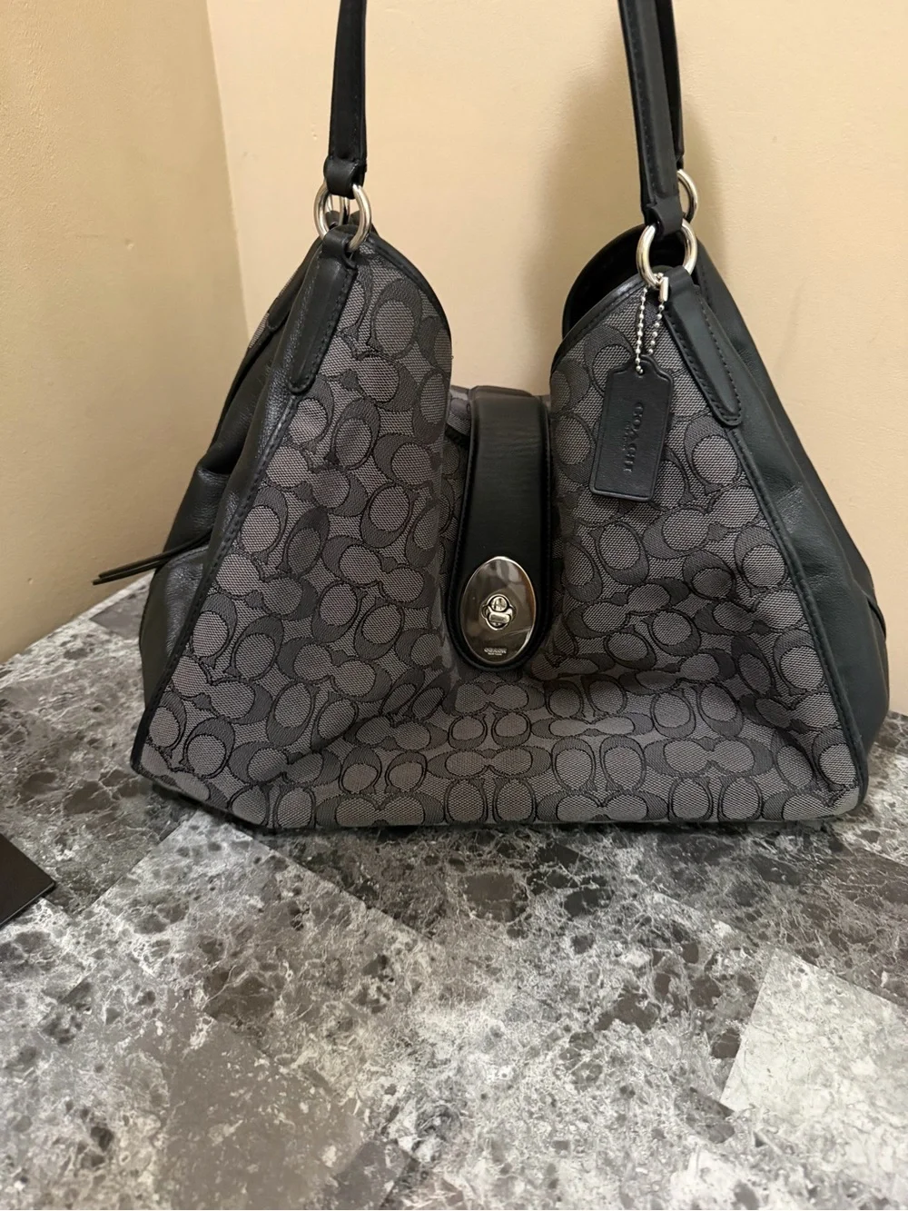 Coach Carlyle shoulder leather monogram canvas turn lock bag